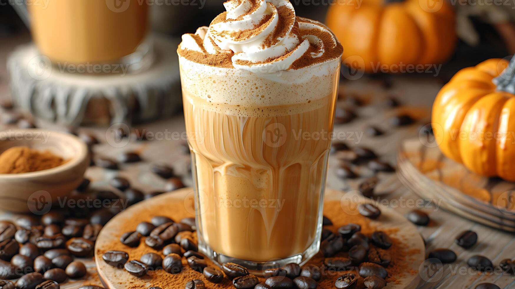 Cozy Pumpkin Spice Latte seasonal favorite topped with whipped cream and spice surrounded by coffee beans for added charm photo