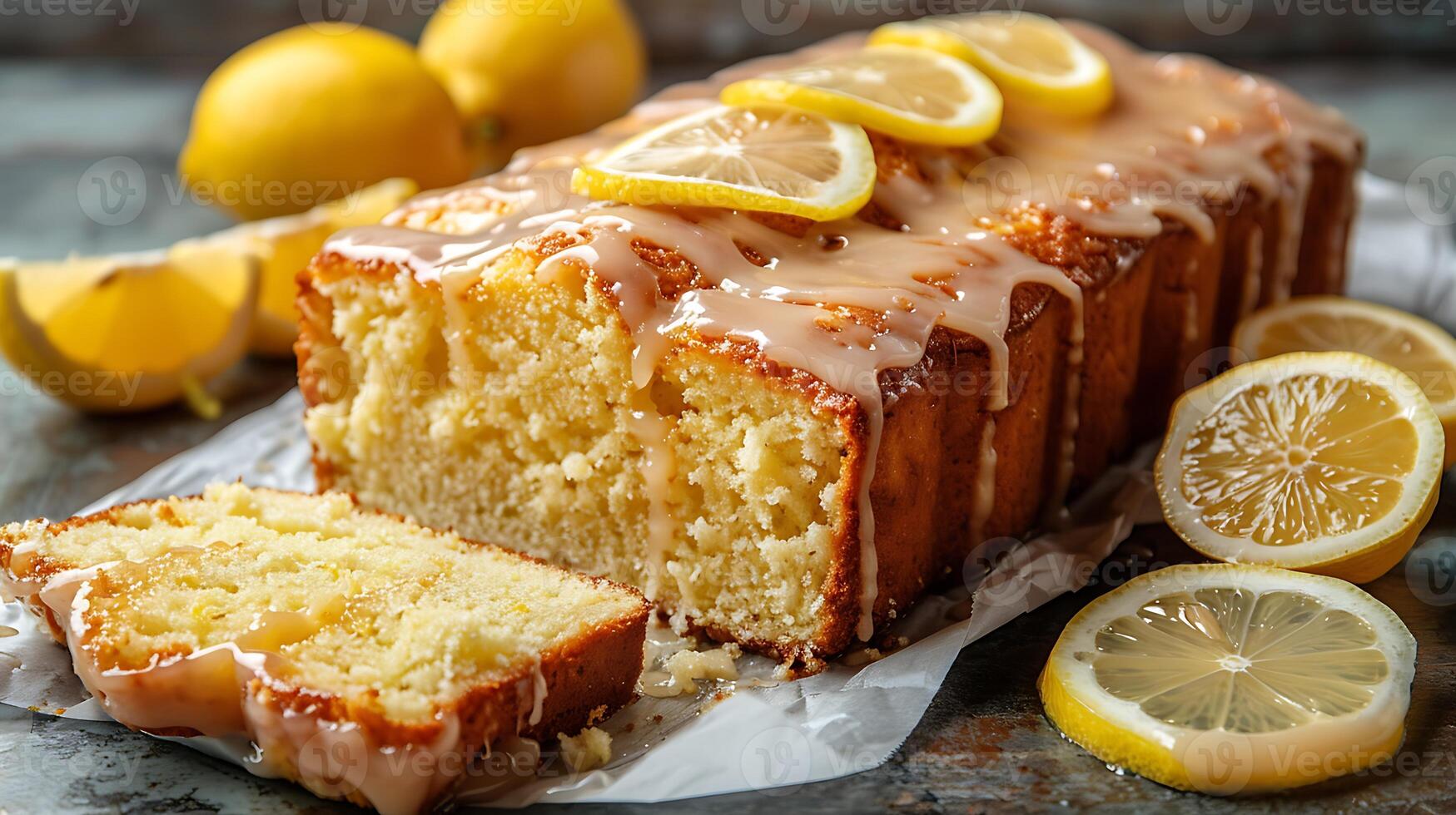 Classic lemon pound cake lemon glaze cut out on an isolated simple minimalist background photo