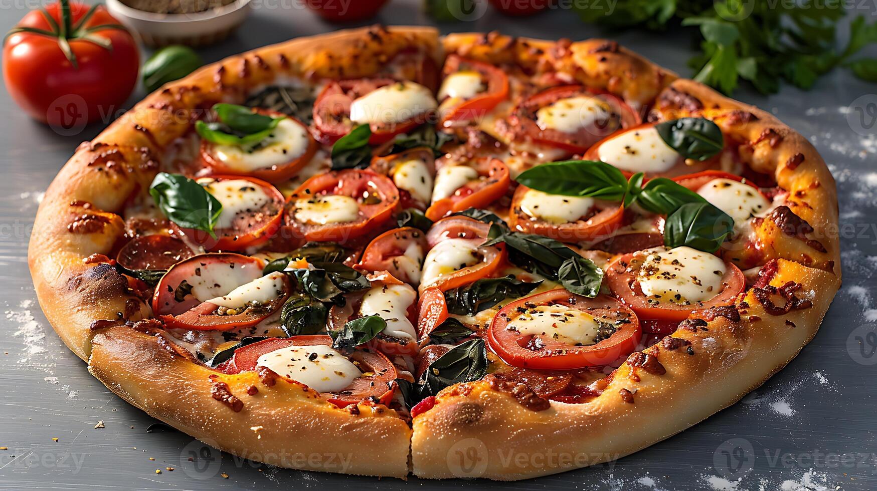 Caprese Pizza Sliced tomatoes fresh mozzarella basil balsamic drizzle for a light refreshing bite photo