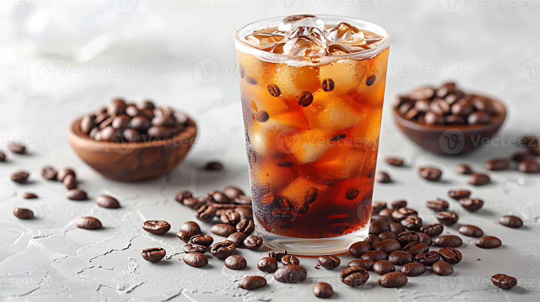 Bold Invigorating Cold Brew Coffee A refreshing cold brew coffee served chilled accompanied by scattered coffee beans to highlight its robust flavor photo