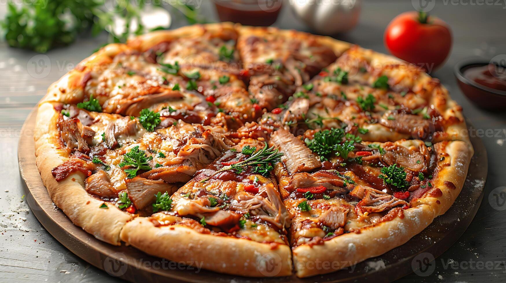 Bbq Pulled Pork Pizza Pulled pork BBQ sauce topped with onions and mozzarella on a crispy crust photo