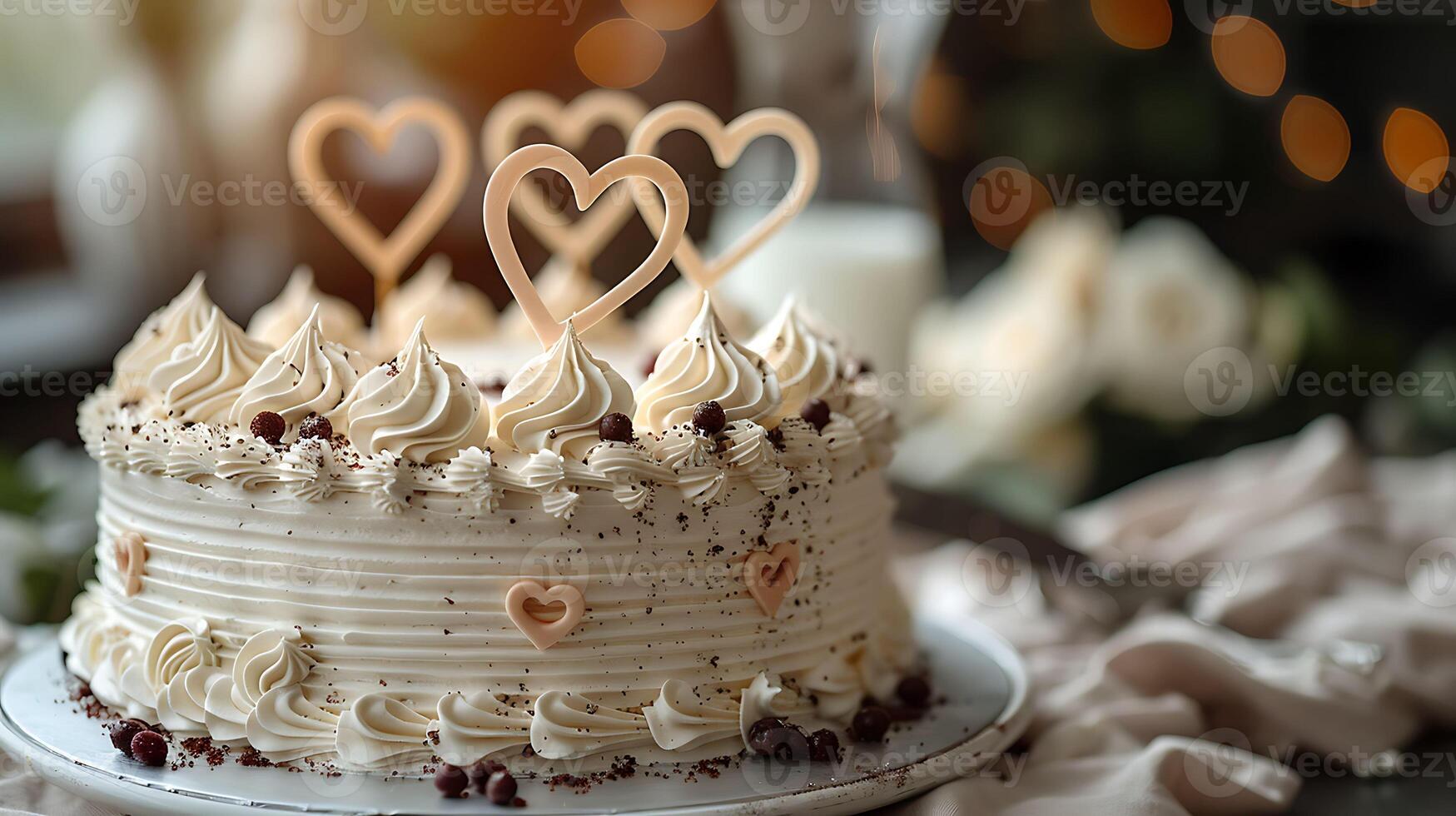 Romantic anniversary cake with intertwined initials and heartshaped toppers cut out on an isolated simple minimalist background photo