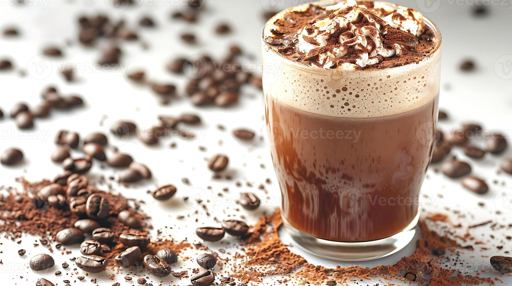 Rich and indulgent mocha with a sprinkling of coffee beans all cut out on an isolated simple minimalist background photo
