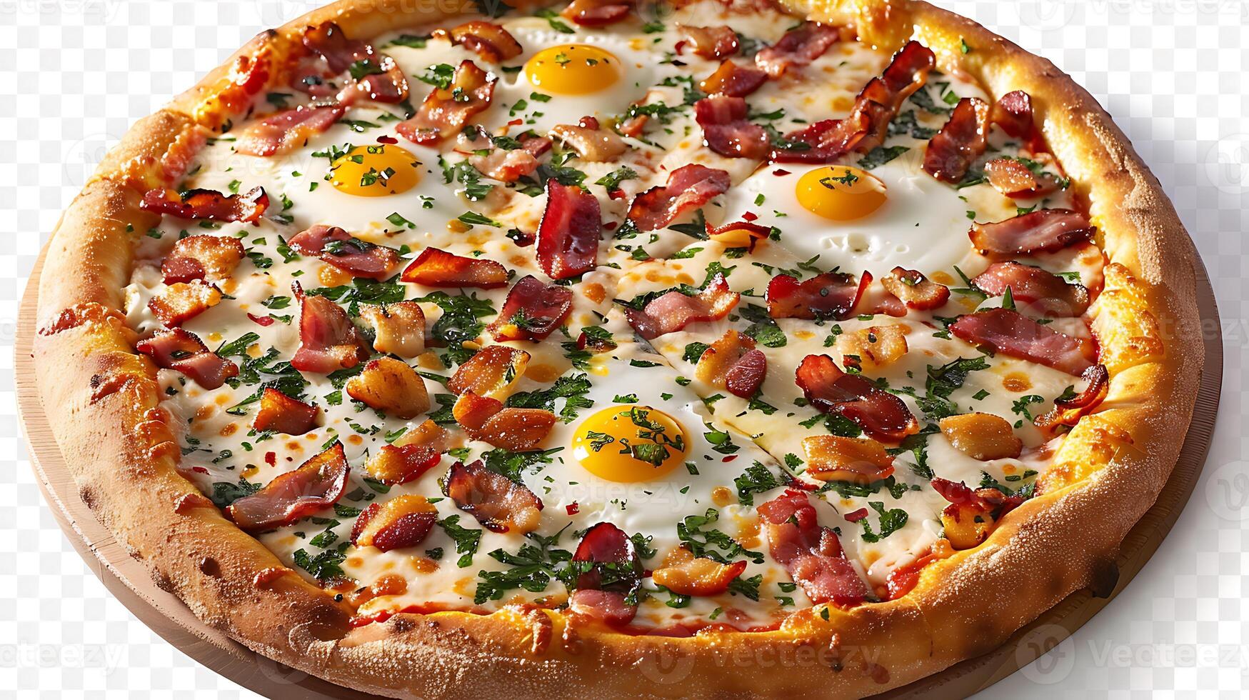 Bacon and egg breakfast pizza cut out on an isolated simple minimalist background photo