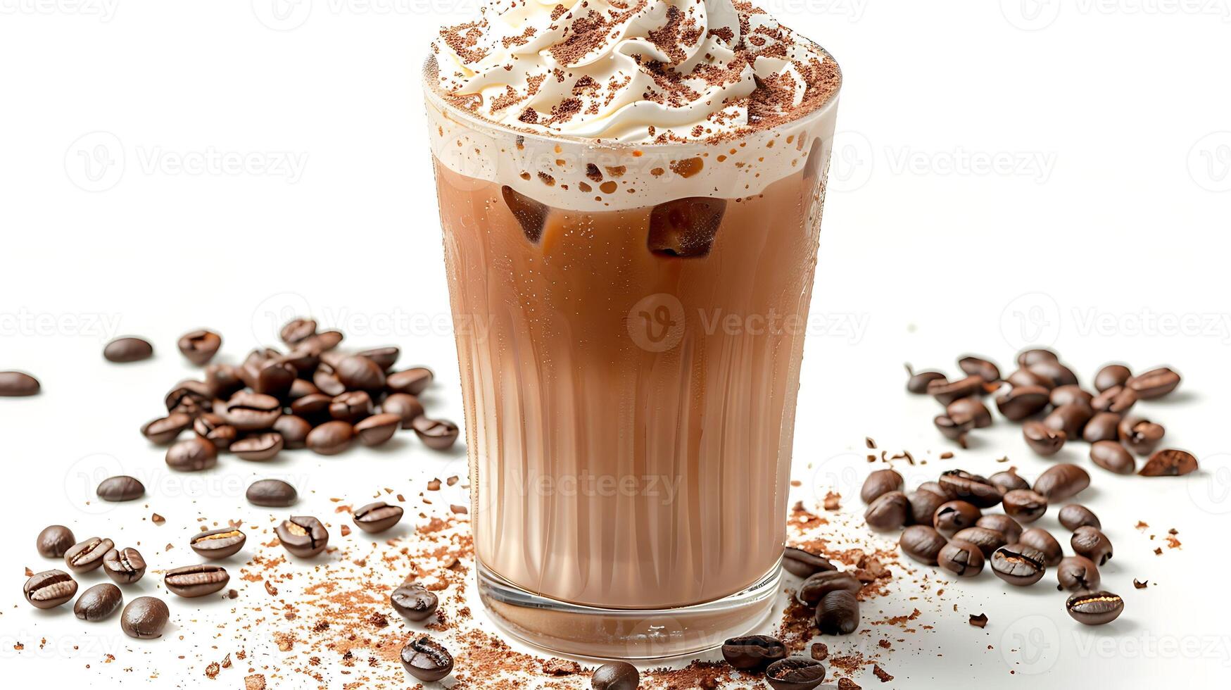 Refreshing iced coffee with whipped cream and scattered coffee beans all cut out on an isolated simple minimalist background photo