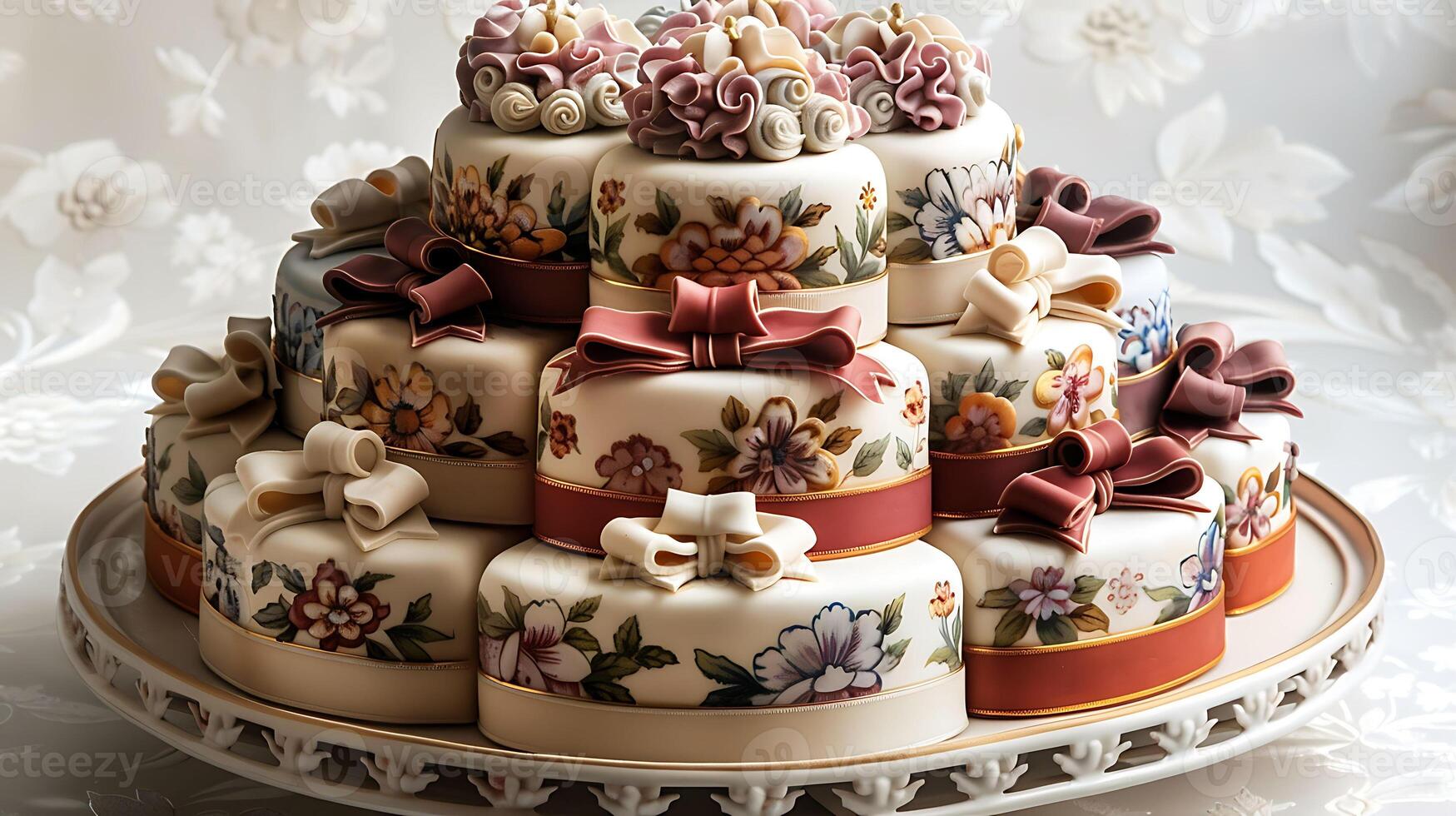 Festive tiered birthday cake with icing ribbons and bows cut out on an isolated simple minimalist background photo