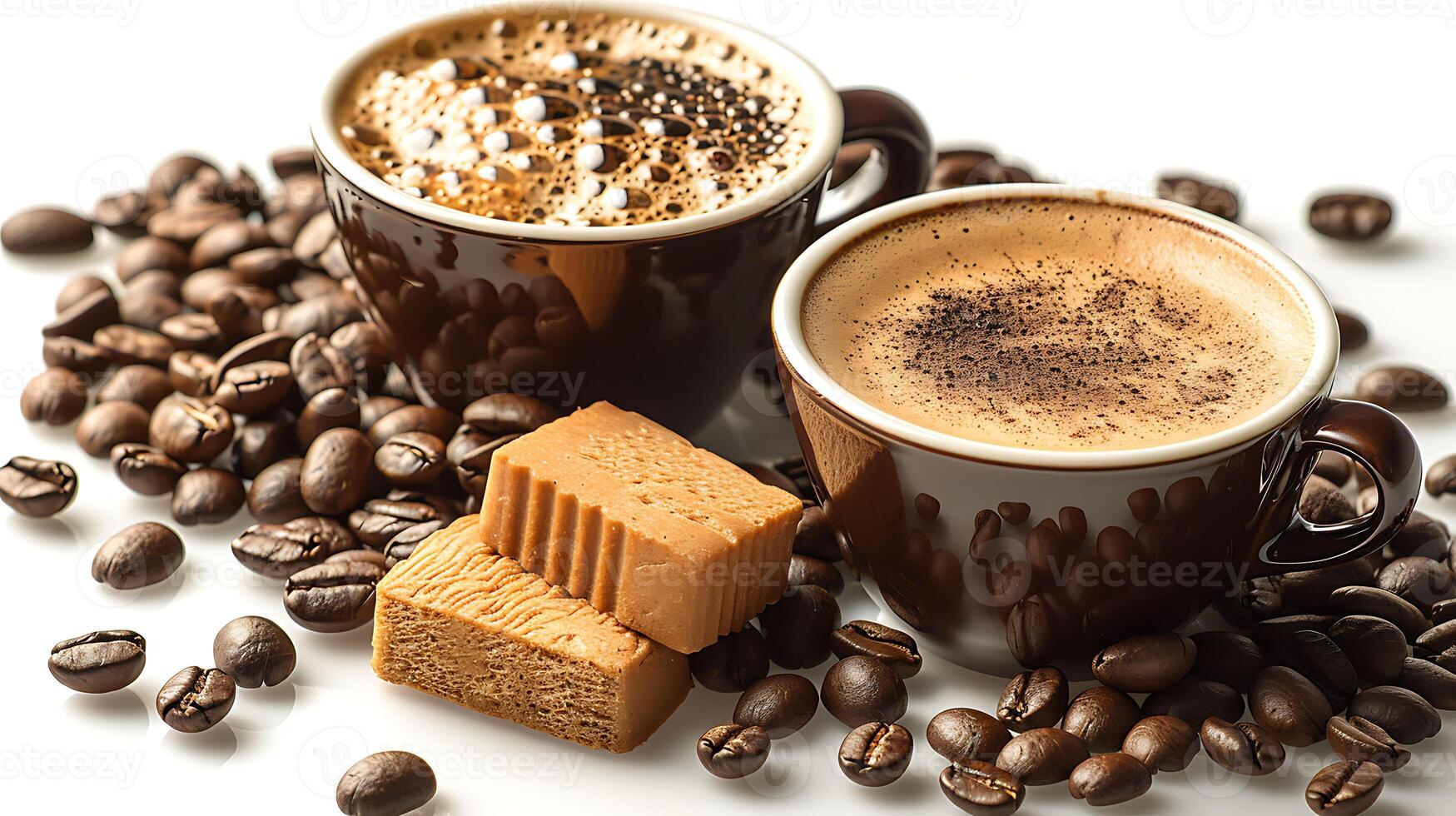 Double shot espresso with a side of coffee beans all cut out on an isolated simple minimalist background photo