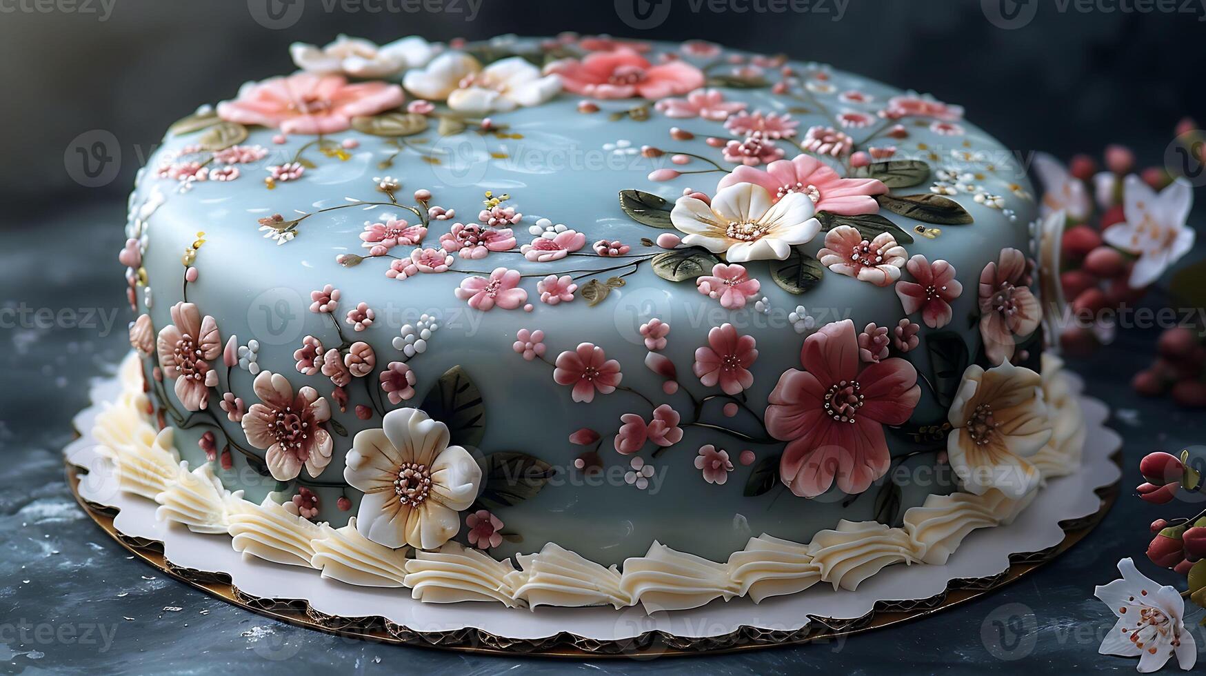 Whimsical anniversary cake with sugar flowers and delicate lace icing cut out on an isolated simple minimalist background photo