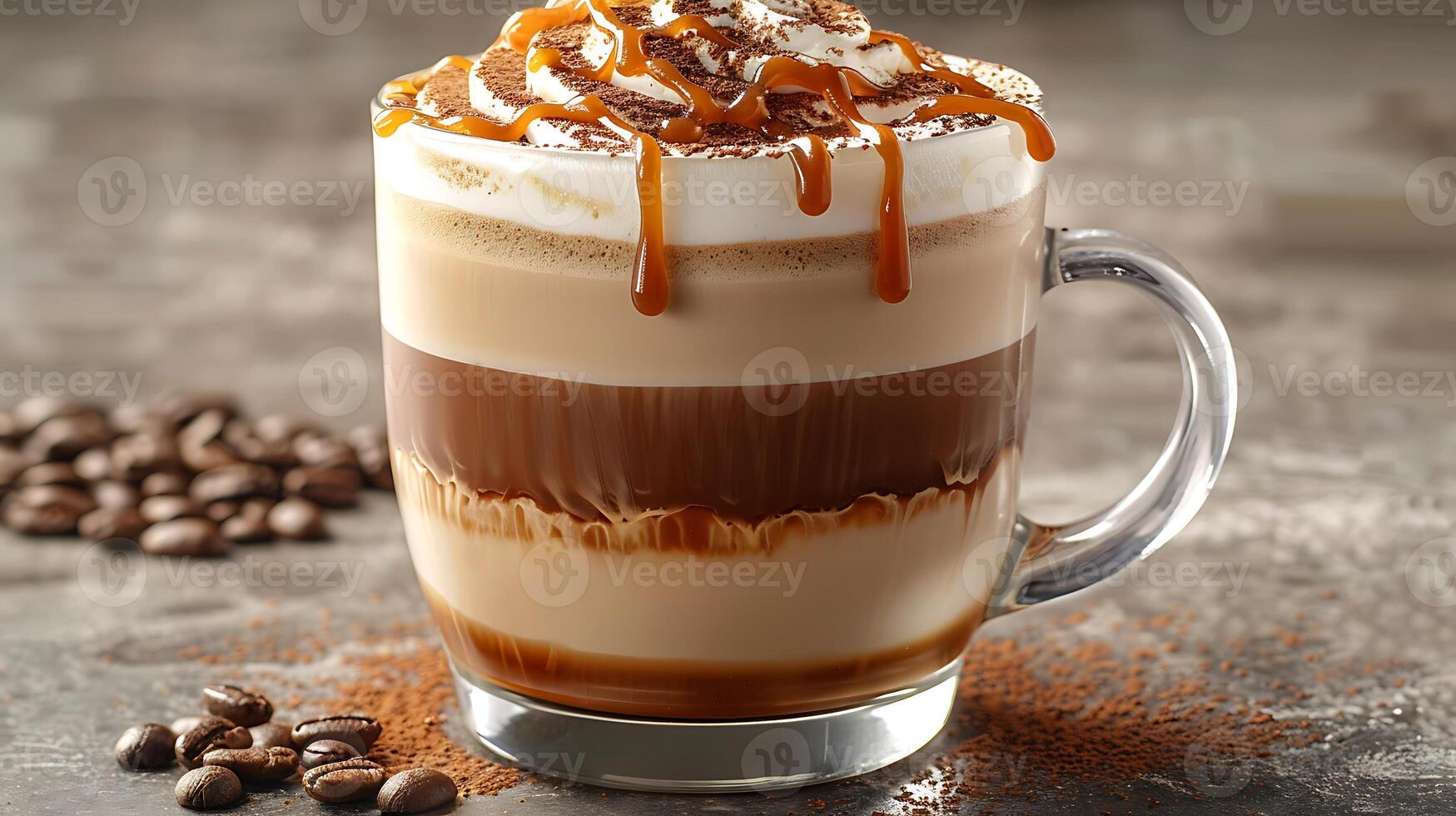 Velvety macchiato with caramel drizzle cut out on an isolated simple minimalist background photo
