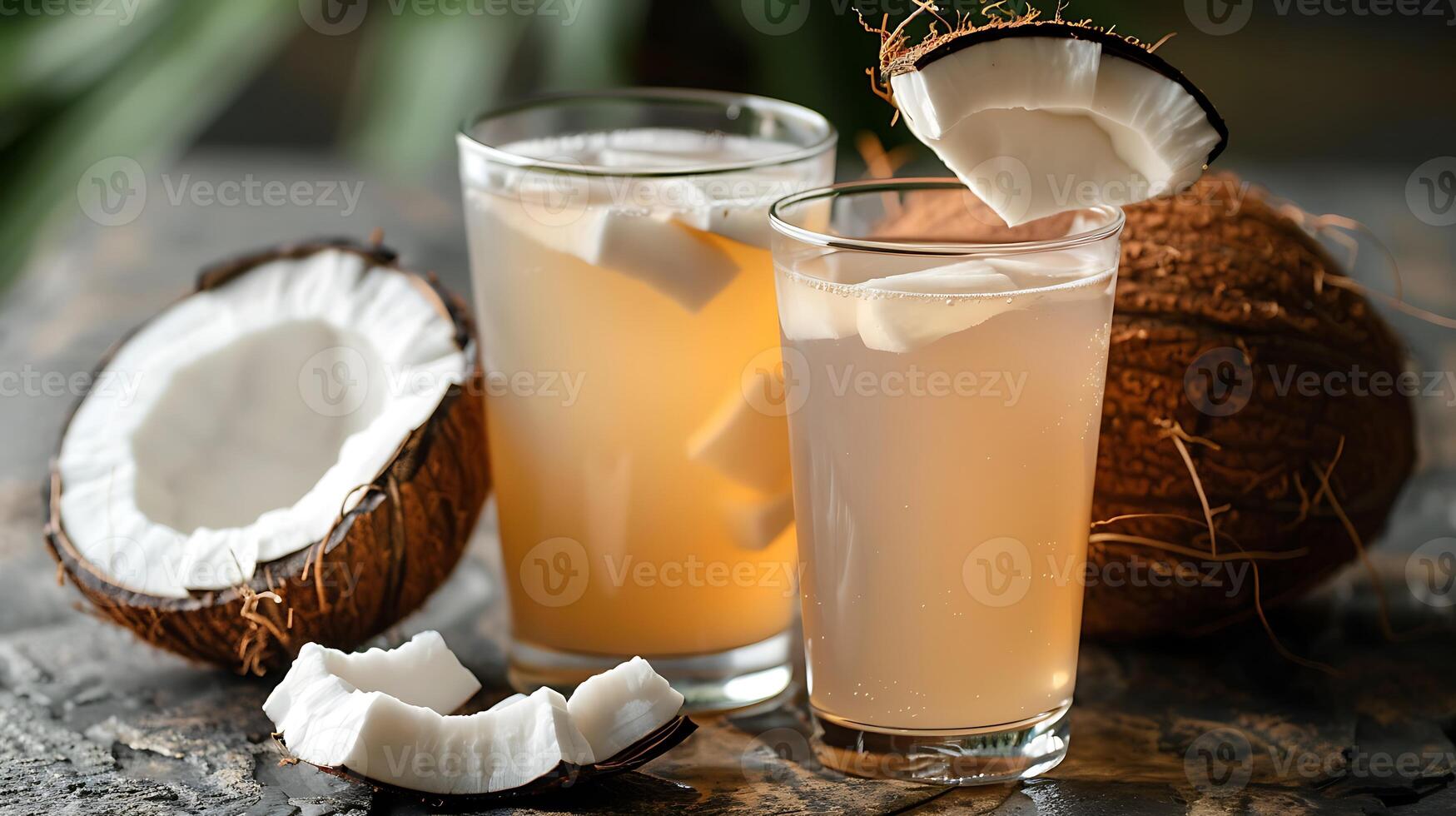 Tropical coconut water served in a glass with a coconut garnish cut out on an isolated simple minimalist background photo