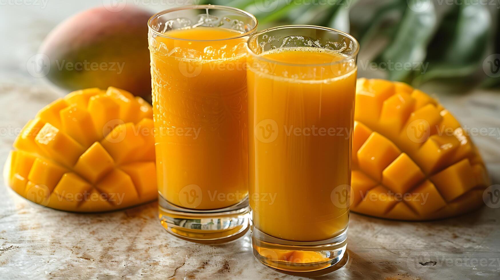 Tropical mango juice served in a tall glass cut out on an isolated simple minimalist background photo