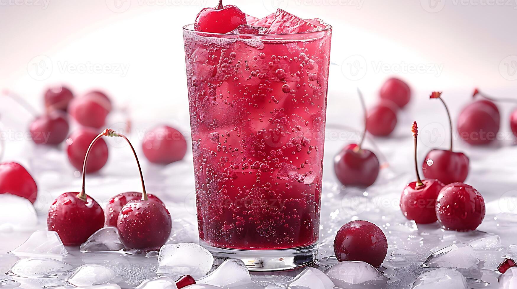 Tall glass of sweet cherry juice with a cherry garnish cut out on an isolated simple minimalist background photo