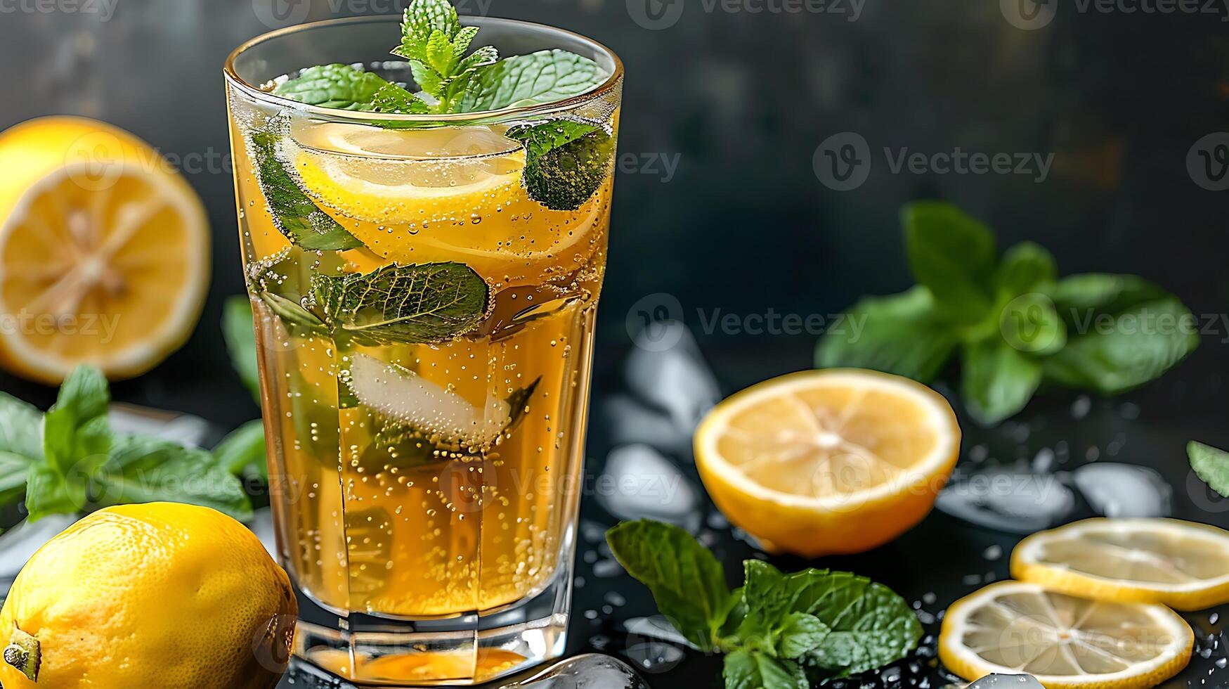 Tall glass of refreshing mint lemonade with mint leaves and lemon slices cut out on an isolated simple minimalist background photo