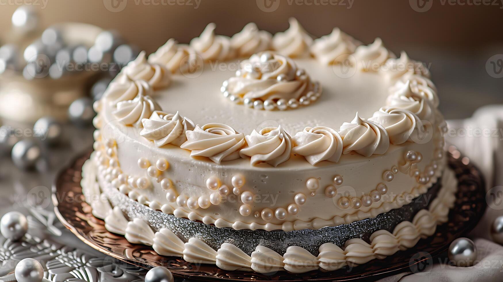 Sophisticated anniversary cake with edible pearls and silver fondant ribbon cut out on an isolated simple minimalist background photo