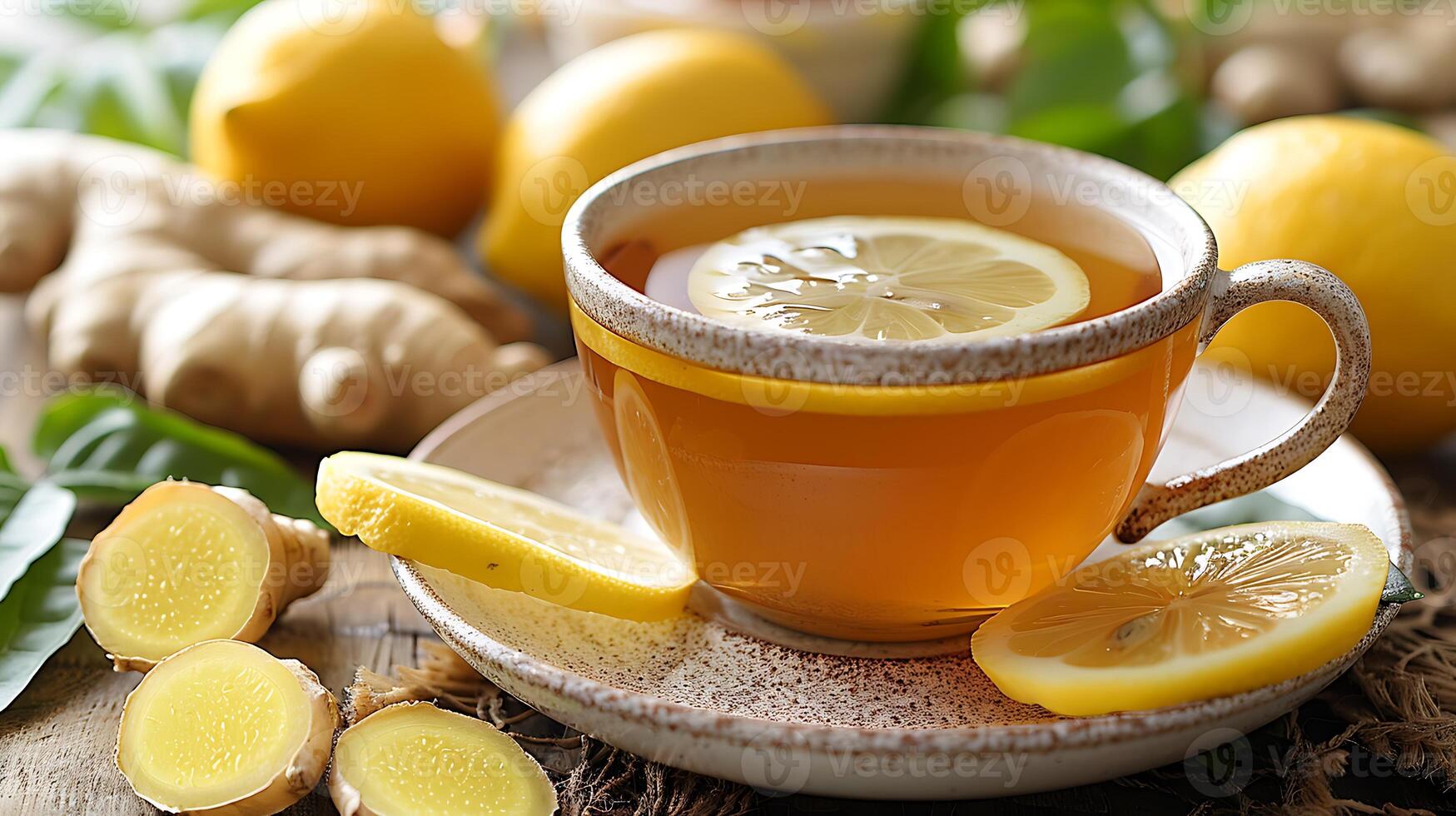 Soothing cup of ginger lemon tea cut out on an isolated simple minimalist background photo