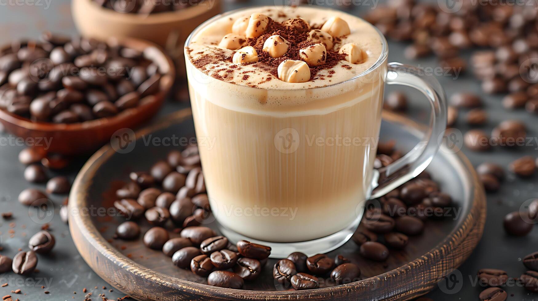 Smooth and creamy hazelnut latte with a handful of coffee beans all cut out on an isolated simple minimalist background photo