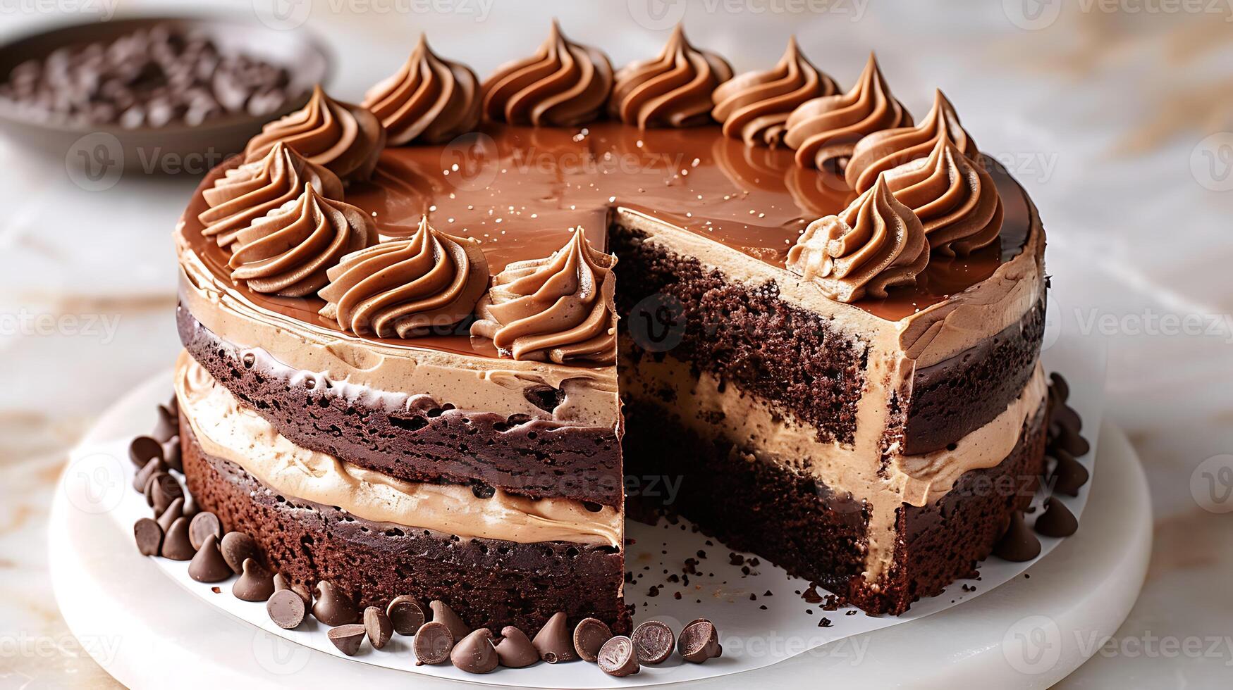 Rich and indulgent chocolate peanut butter cake cut out on an isolated simple minimalist background photo