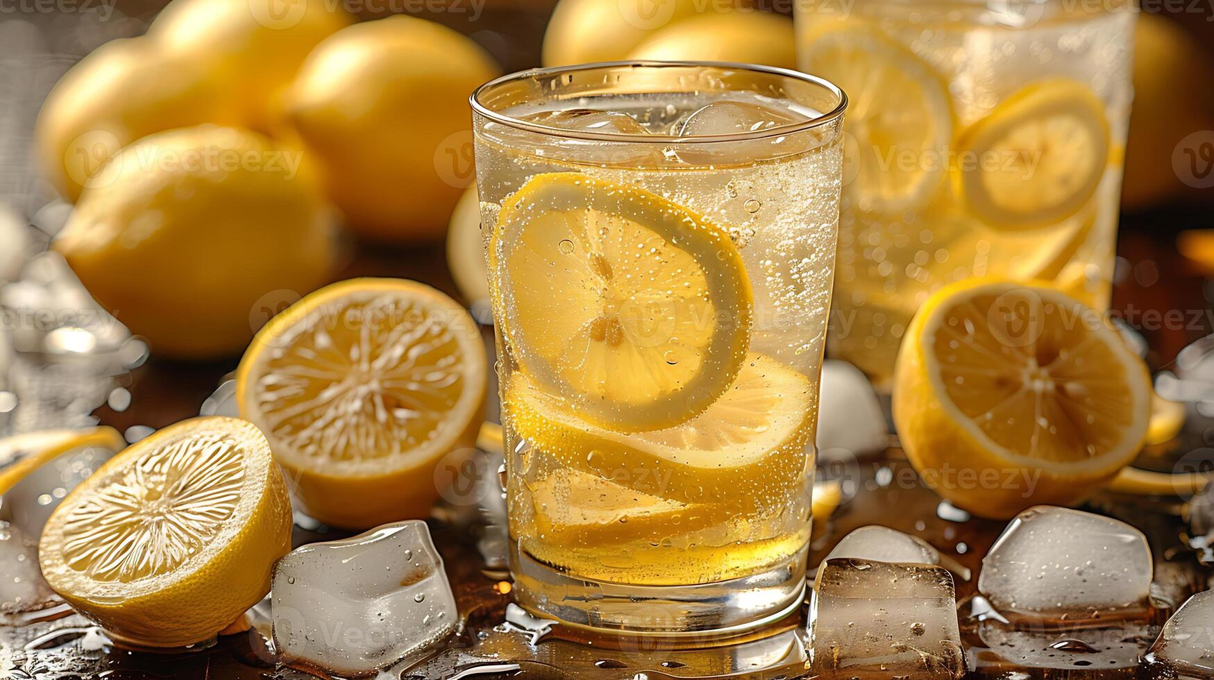Refreshing lemonade served in a glass with slices of lemon cut out on an isolated simple minimalist background photo