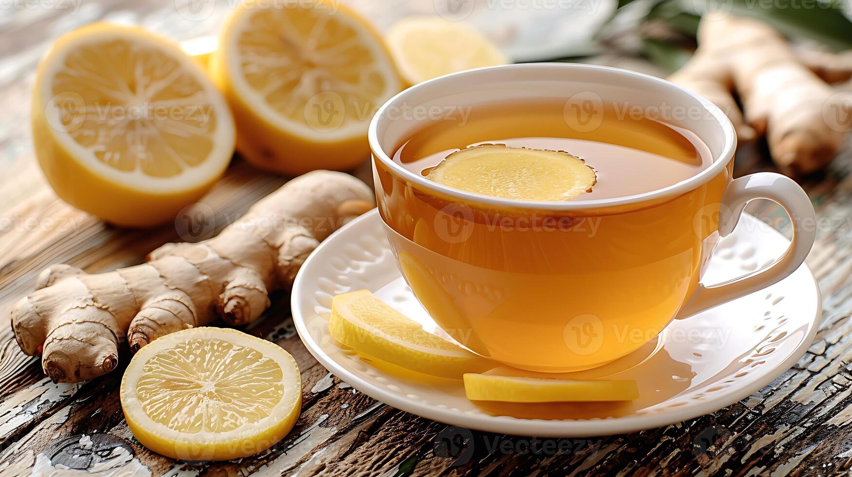 Refreshing cup of lemon ginger tea cut out on an isolated simple minimalist background photo