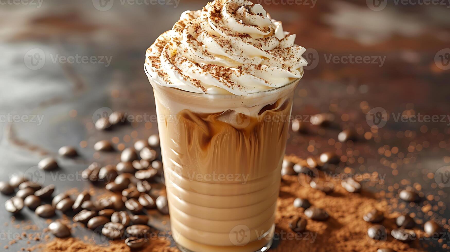 Refreshing iced coffee with whipped cream cut out on an isolated simple minimalist background photo