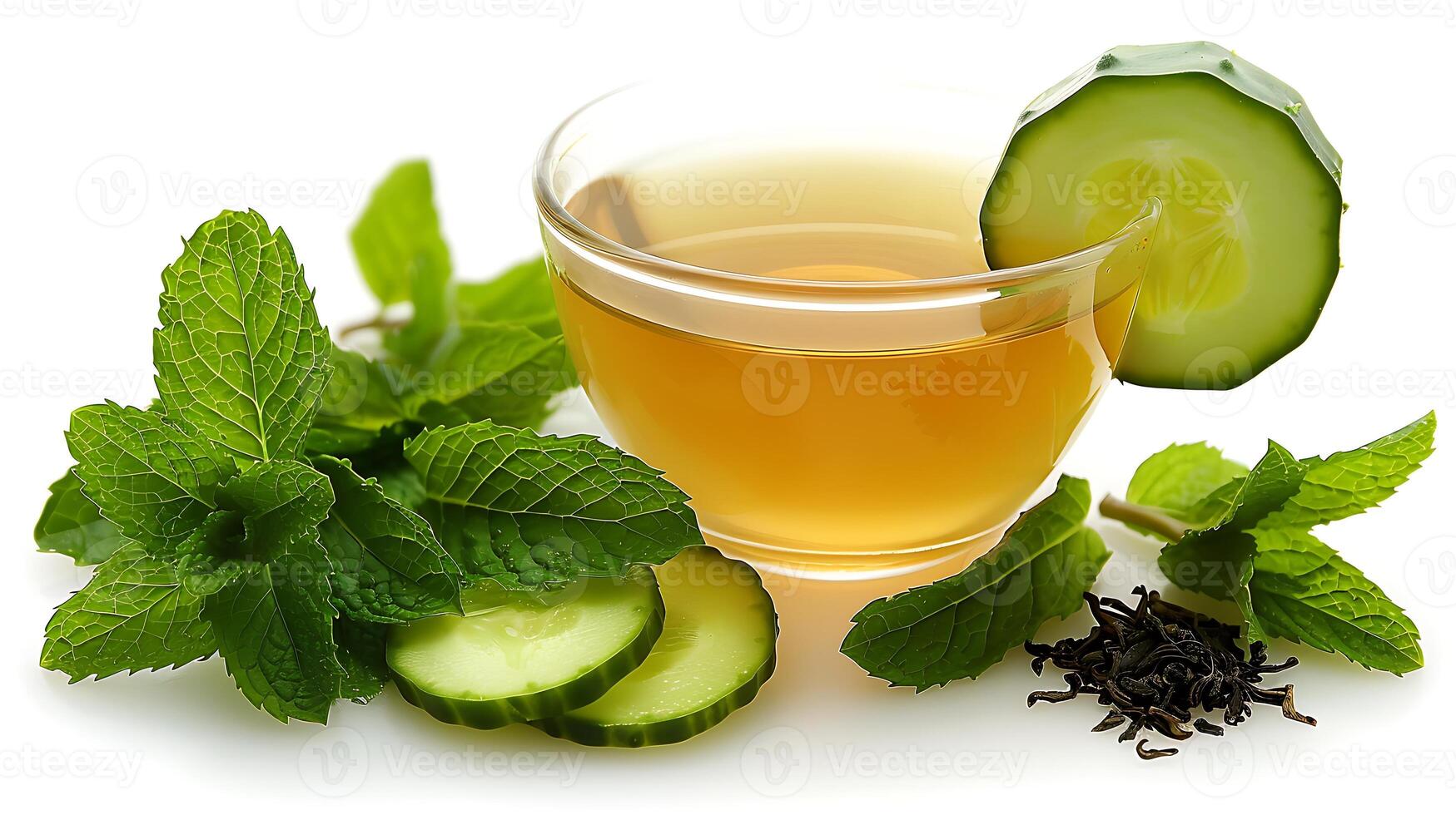 Refreshing cup of cucumber mint tea cut out on an isolated simple minimalist background photo