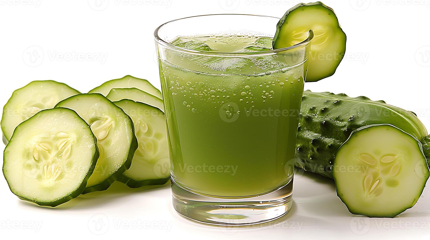 Refreshing cucumber juice in a clear glass cut out on an isolated simple minimalist background photo