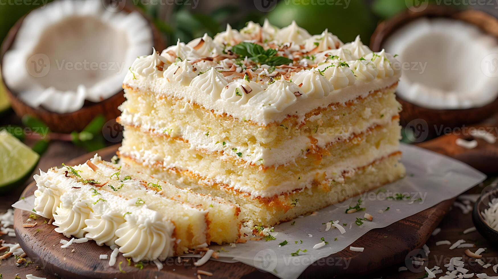 Moist and flavorful coconut lime cake cut out on an isolated simple minimalist background photo