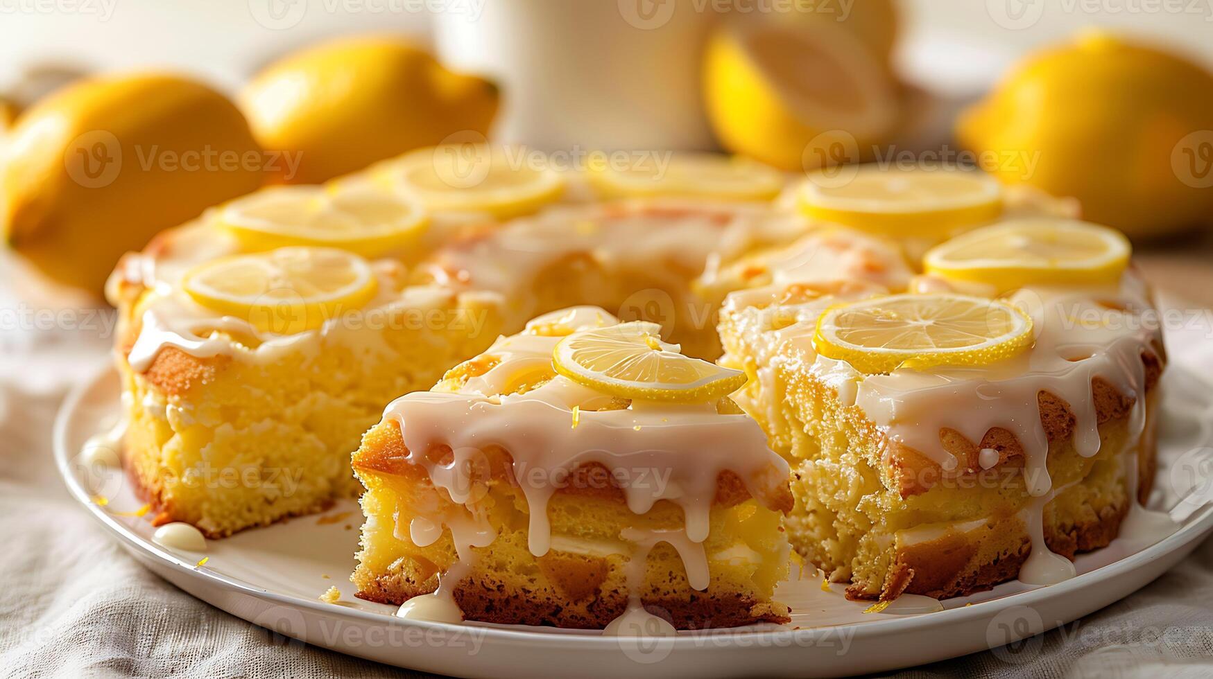 Light and fluffy lemon chiffon cake with lemon glaze cut out on an isolated simple minimalist background photo