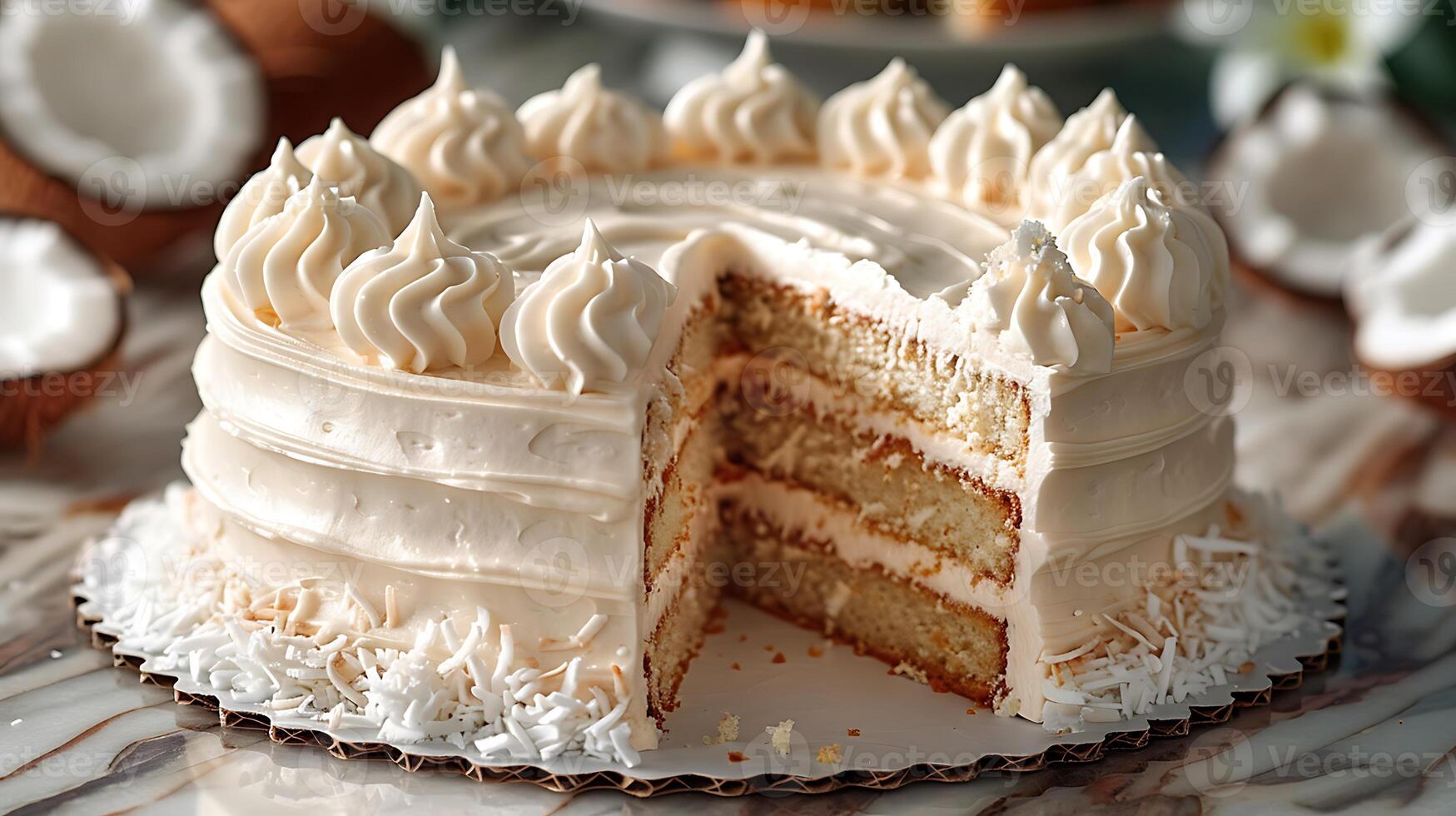 Light and fluffy coconut cake with coconut cream frosting cut out on an isolated simple minimalist background photo