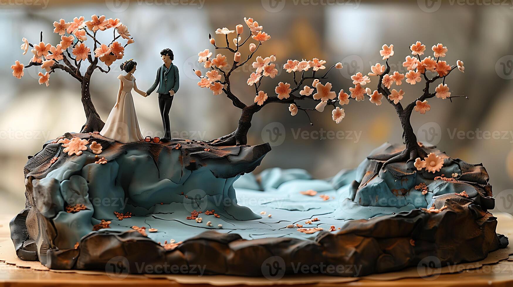 Heartfelt anniversary cake with a sugar sculpture of the couple and their favorite hobby cut out on an isolated simple minimalist background photo