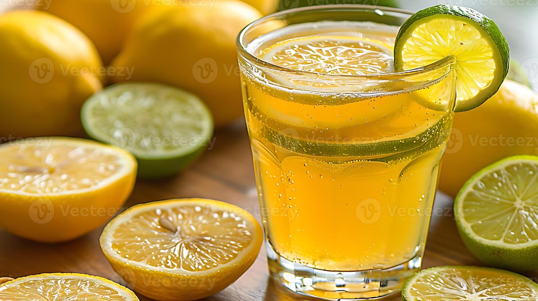 Glass of tangy lemonlimeade with lemon and lime slices cut out on an isolated simple minimalist background photo