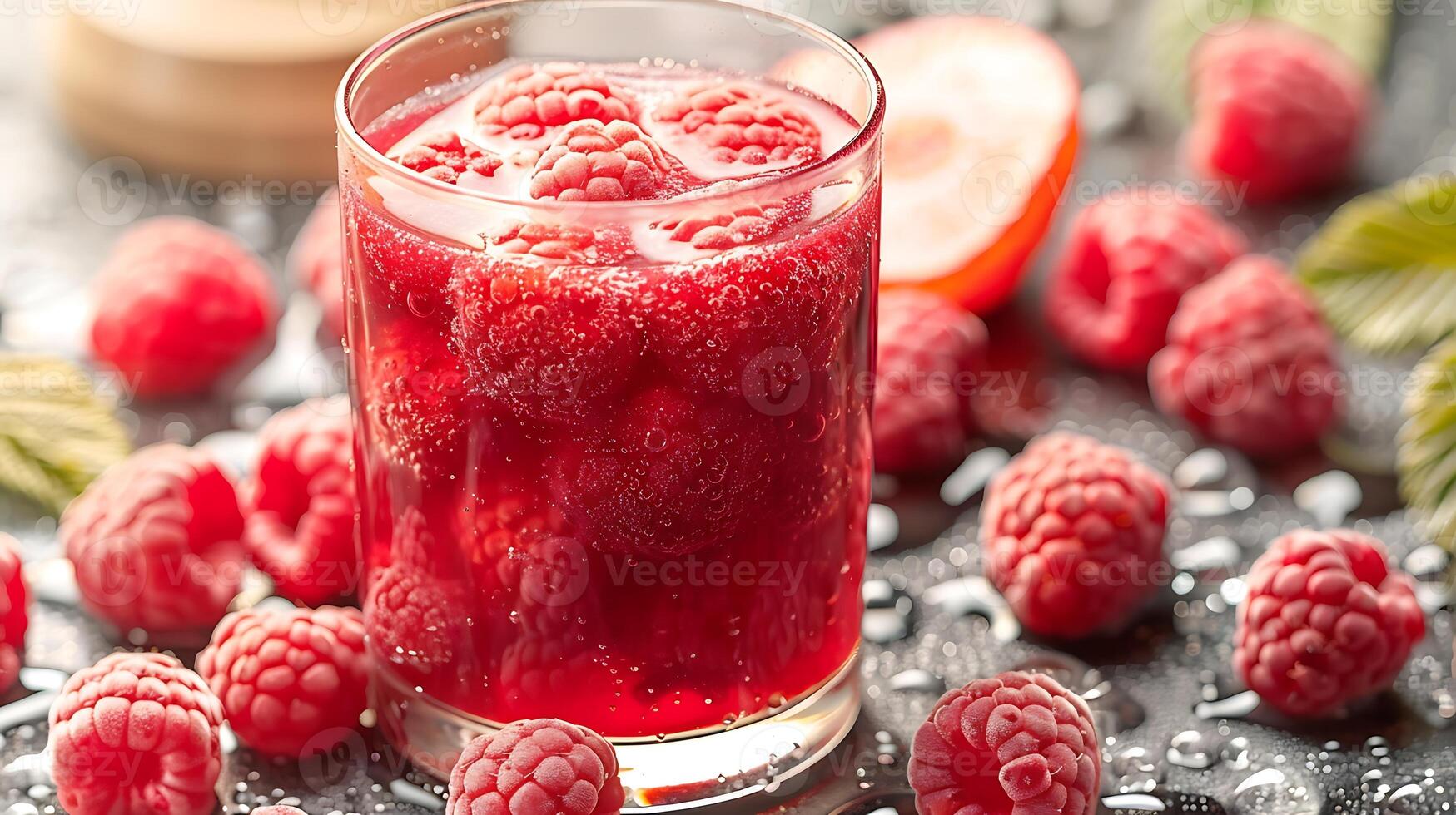 Glass of tangy raspberry juice with fresh raspberries cut out on an isolated simple minimalist background photo