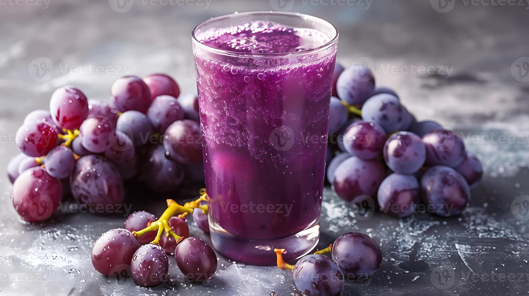 Glass of tangy grape juice with grape clusters cut out on an isolated simple minimalist background photo