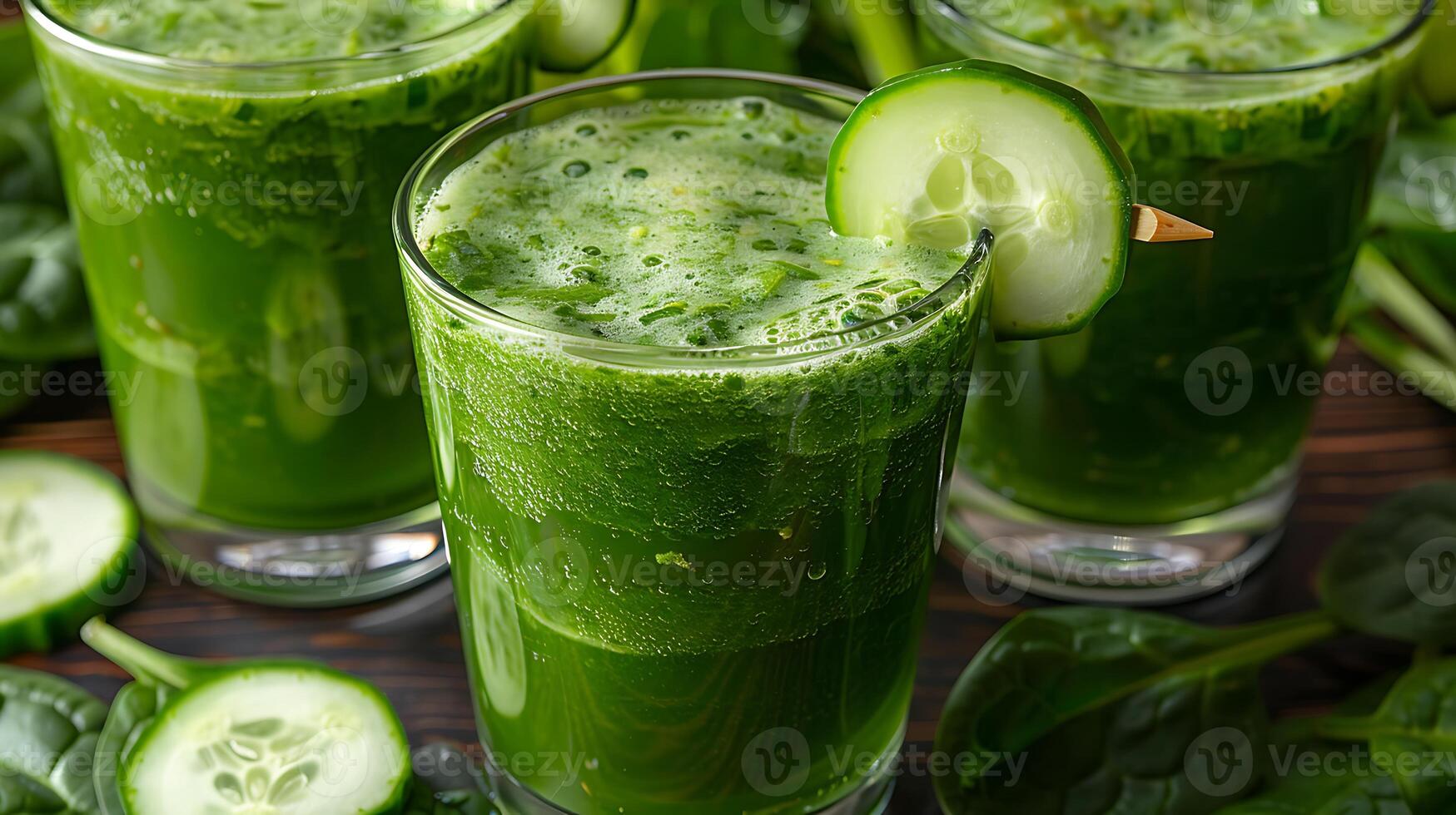 Glass of invigorating cucumber spinach and celery juice with cucumber spinach and celery garnish cut out on an isolated simple minimalist background photo