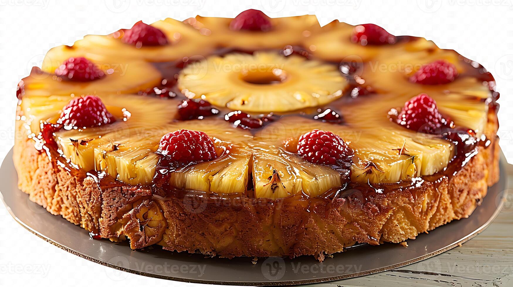 Fruity pineapple upsidedown cake cut out on an isolated simple minimalist background photo