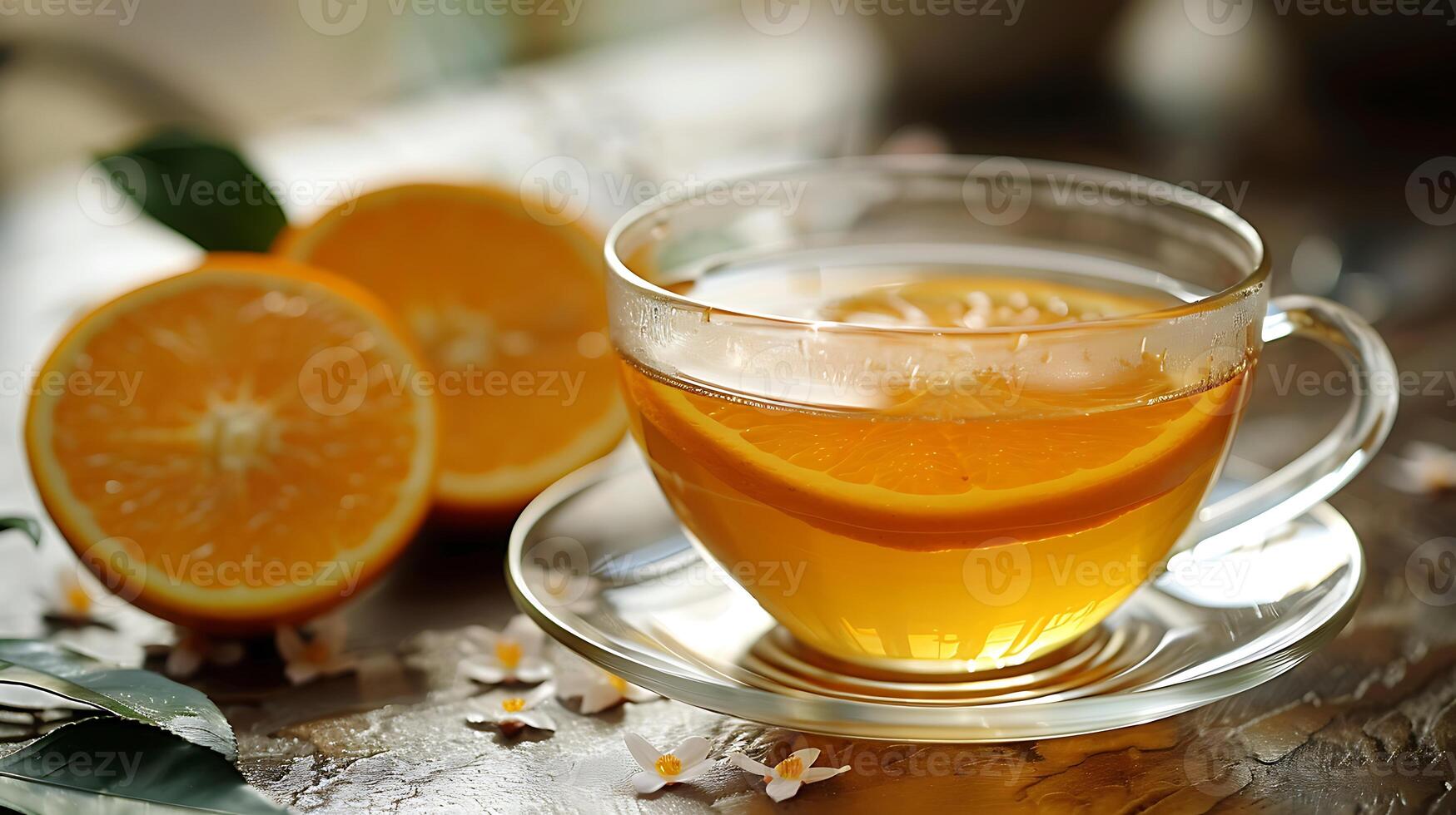 Fragrant cup of orange blossom tea cut out on an isolated simple minimalist background photo