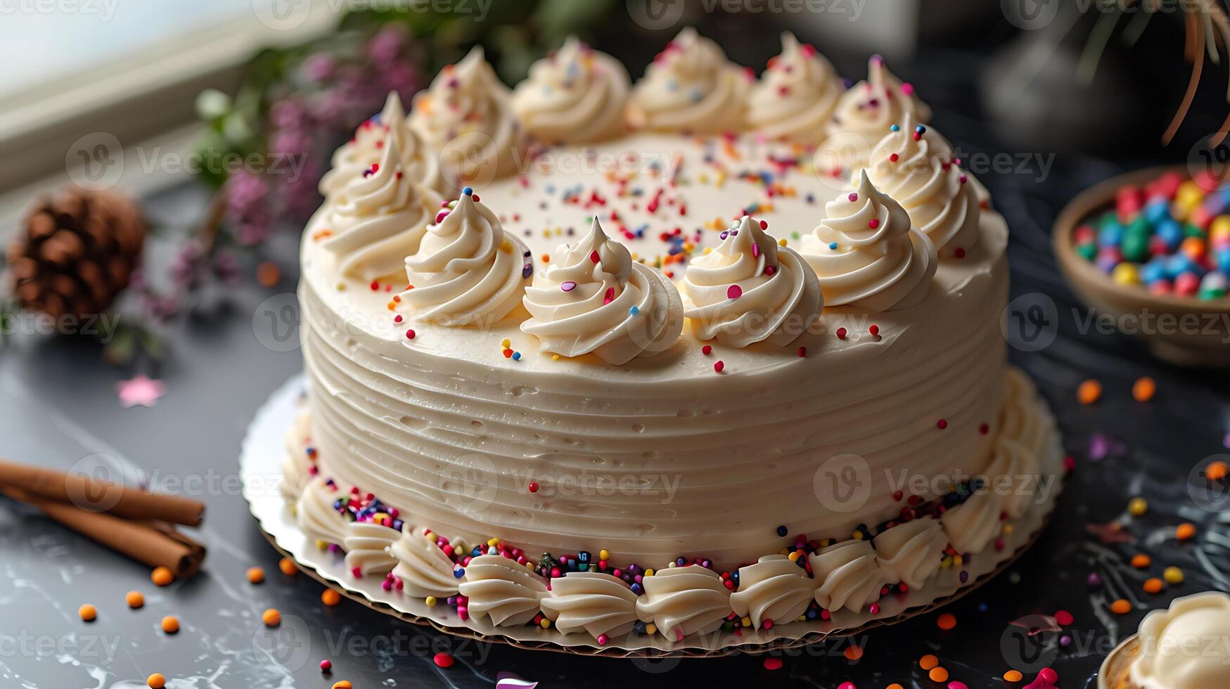 Festive birthday cake with confetti sprinkles cut out on an isolated simple minimalist background photo