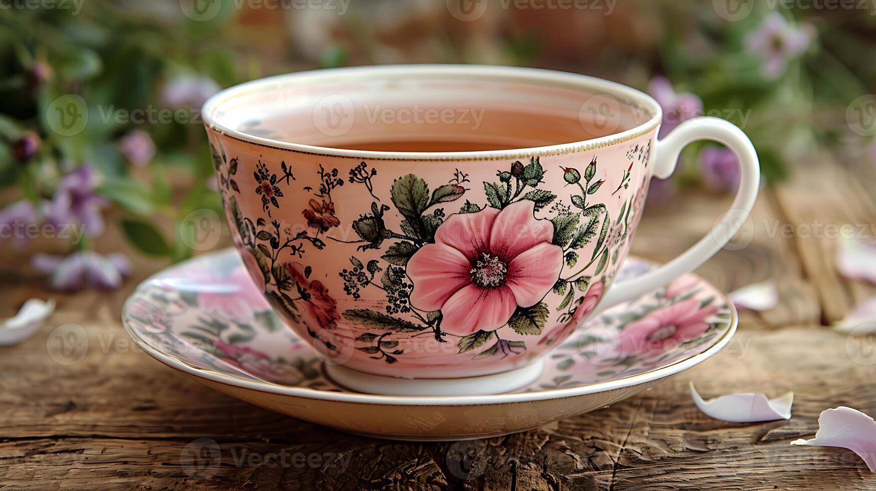 Floral cup of rose tea cut out on an isolated simple minimalist background photo