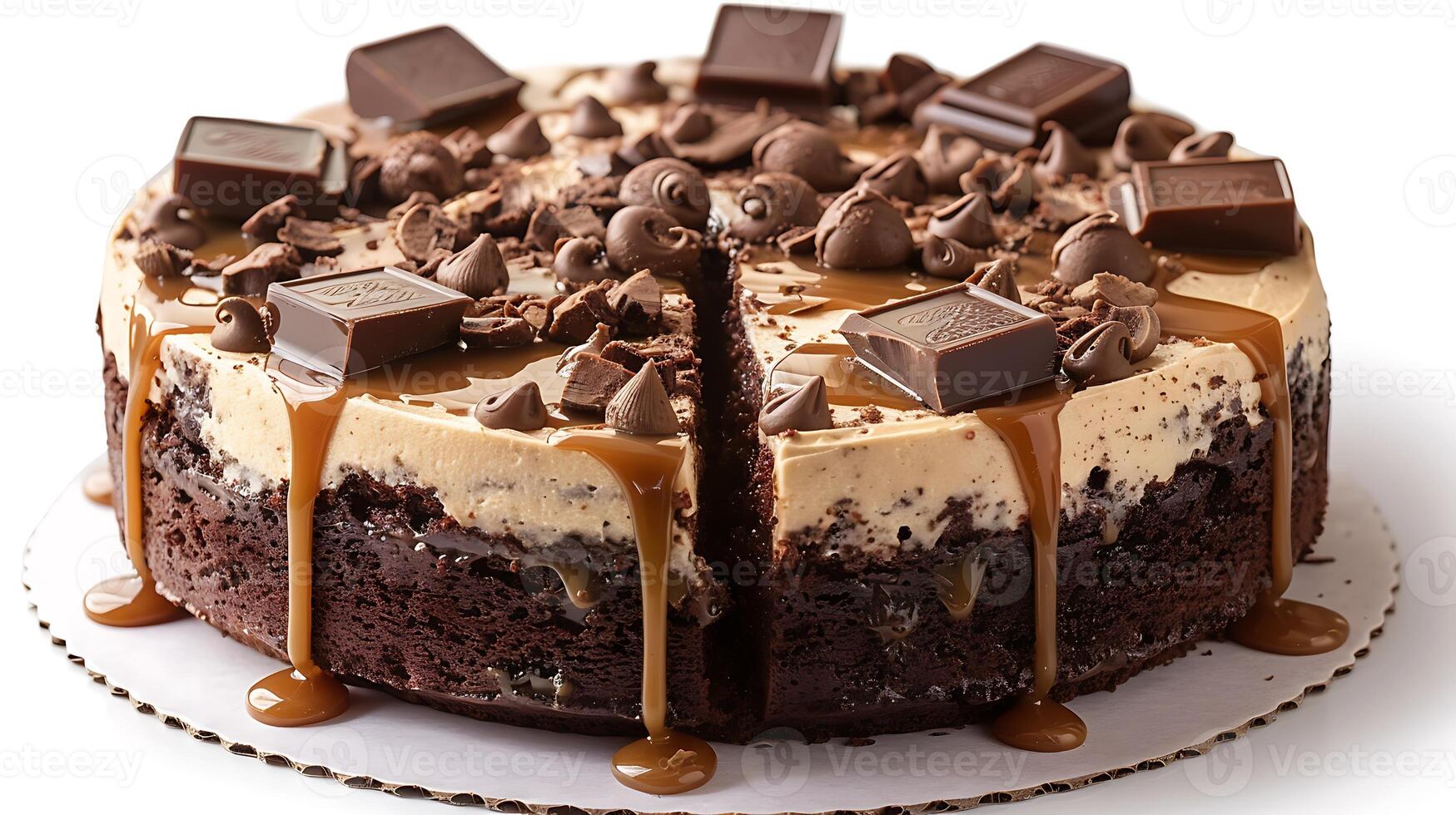 Decadent chocolate caramel cake with caramel drizzle cut out on an isolated simple minimalist background photo