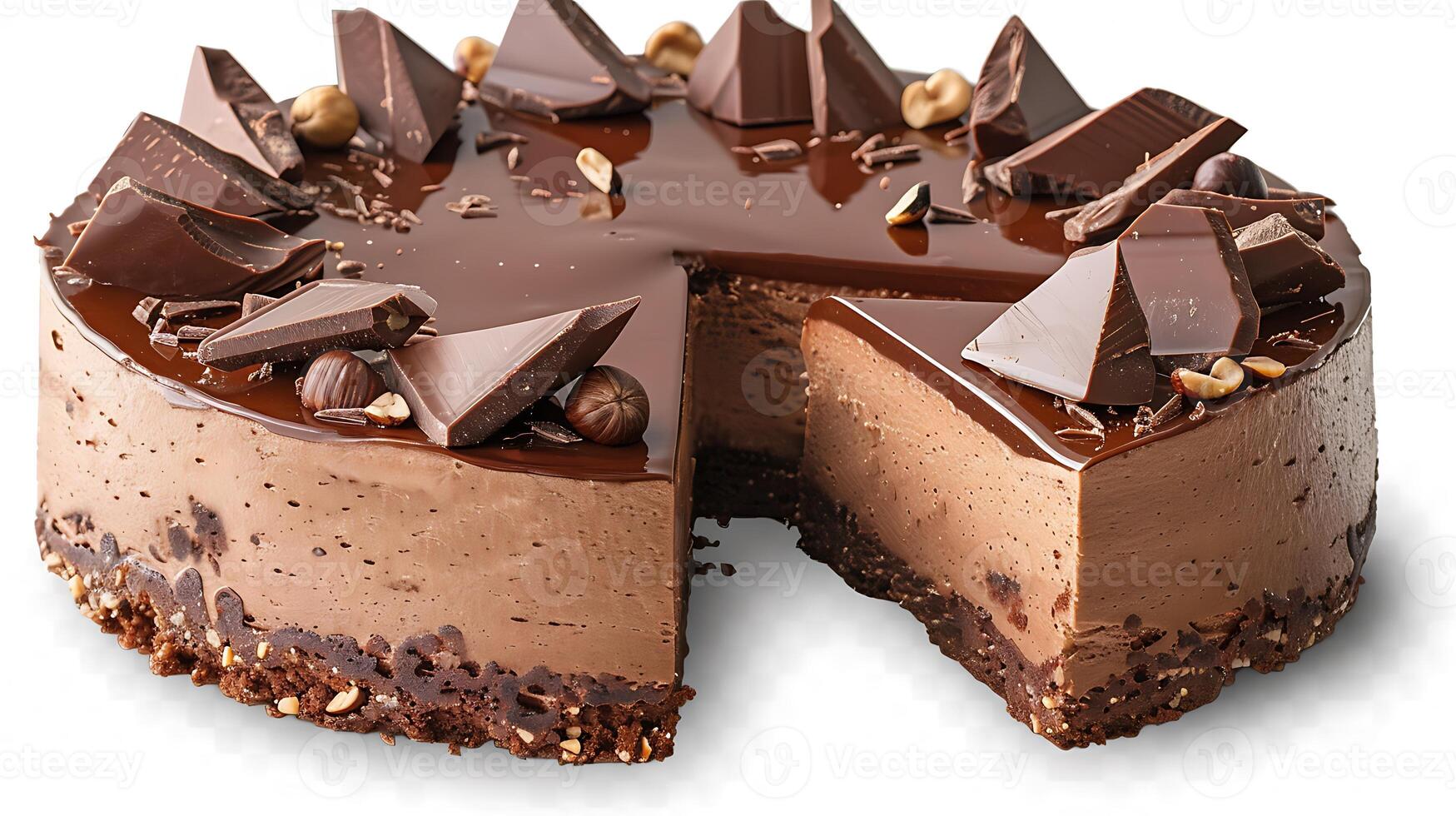 Decadent chocolate hazelnut cake cut out on an isolated simple minimalist background photo