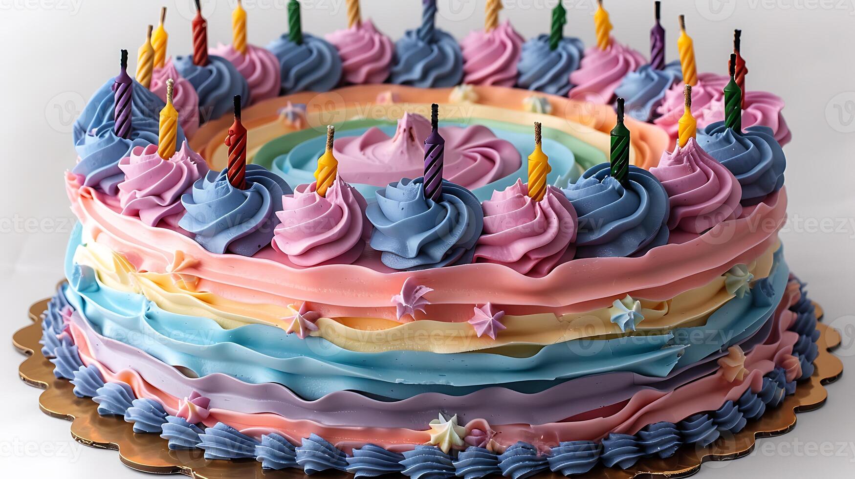 Colorful birthday cake with candles cut out on an isolated simple minimalist background photo