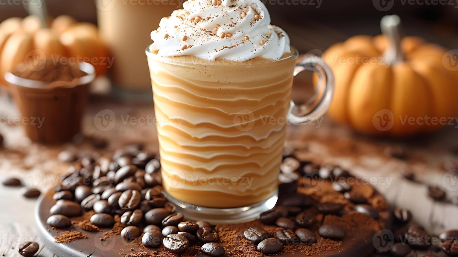 Cozy pumpkin spice latte with whipped cream and surrounded by coffee beans all cut out on an isolated simple minimalist background photo
