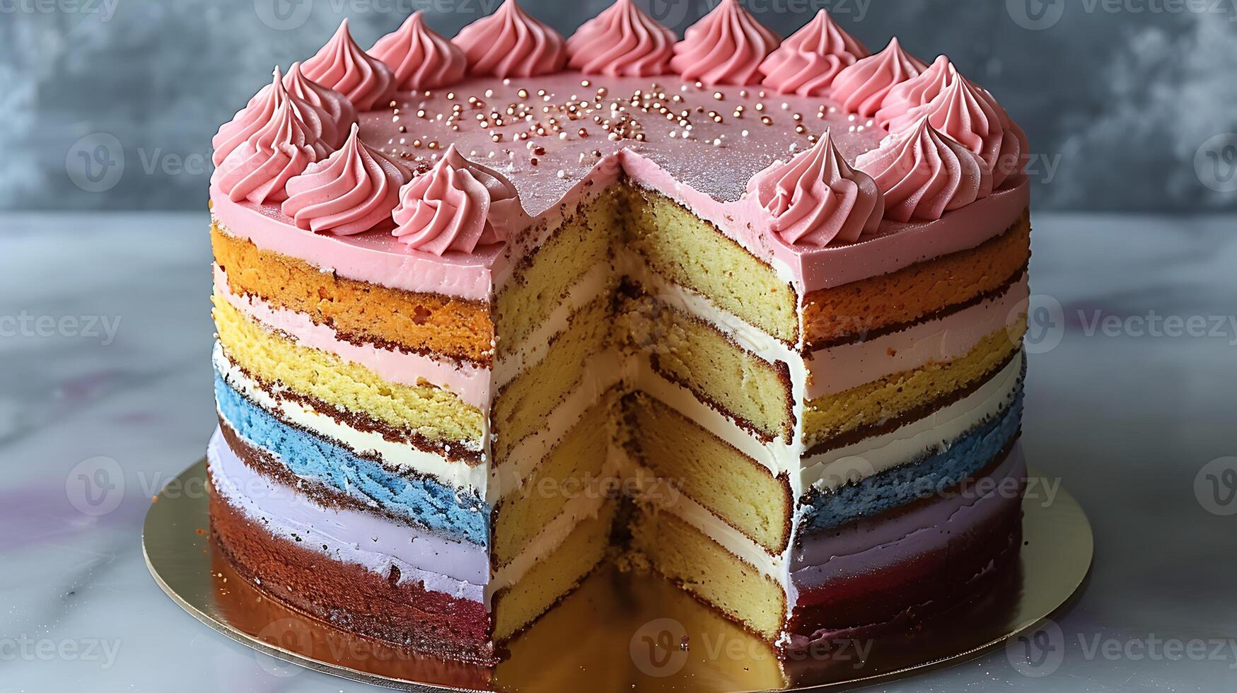 Colorful rainbow cake with buttercream frosting cut out on an isolated simple minimalist background photo