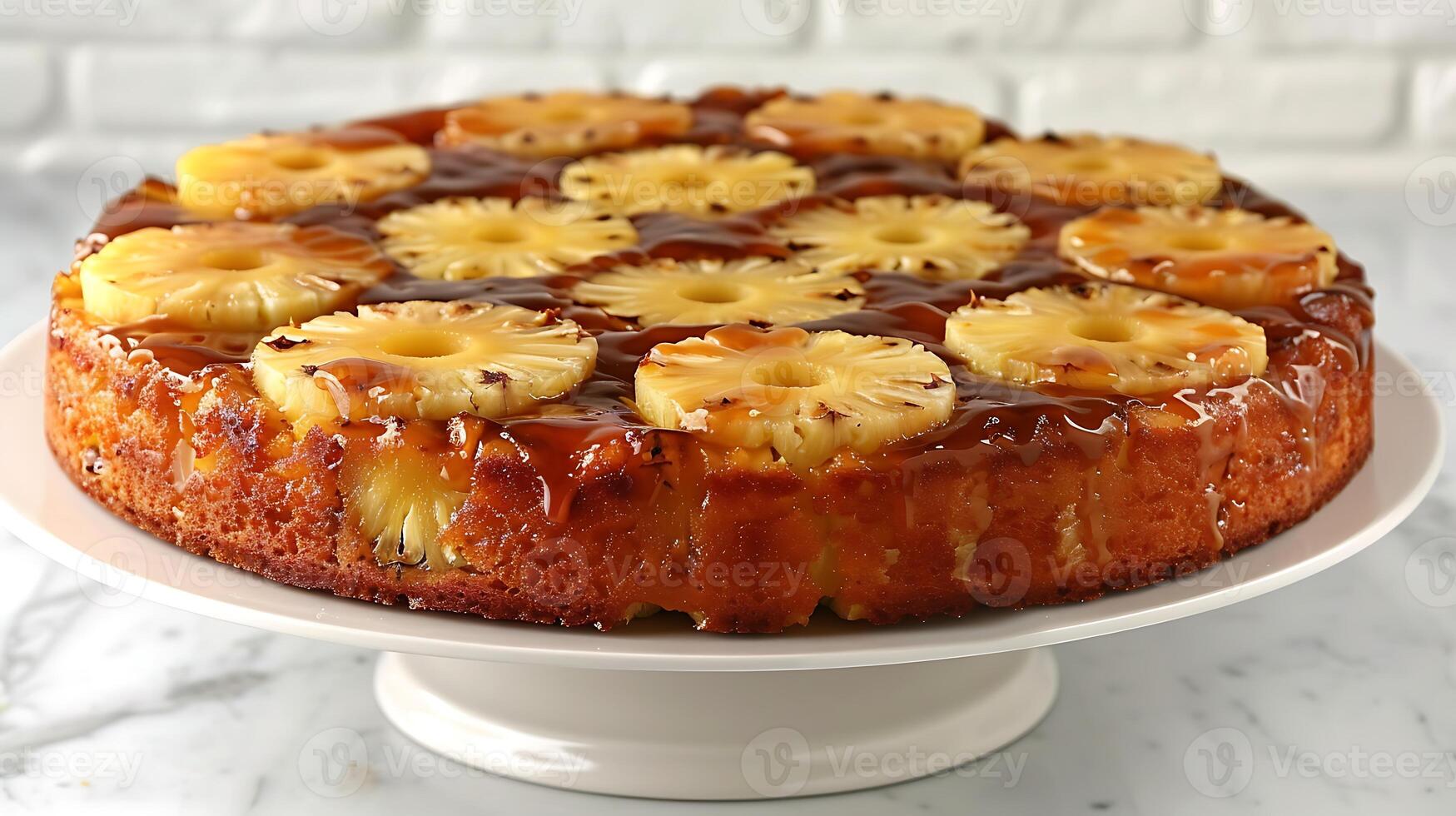 Classic pineapple upsidedown cake with caramelized pineapple topping cut out on an isolated simple minimalist background photo