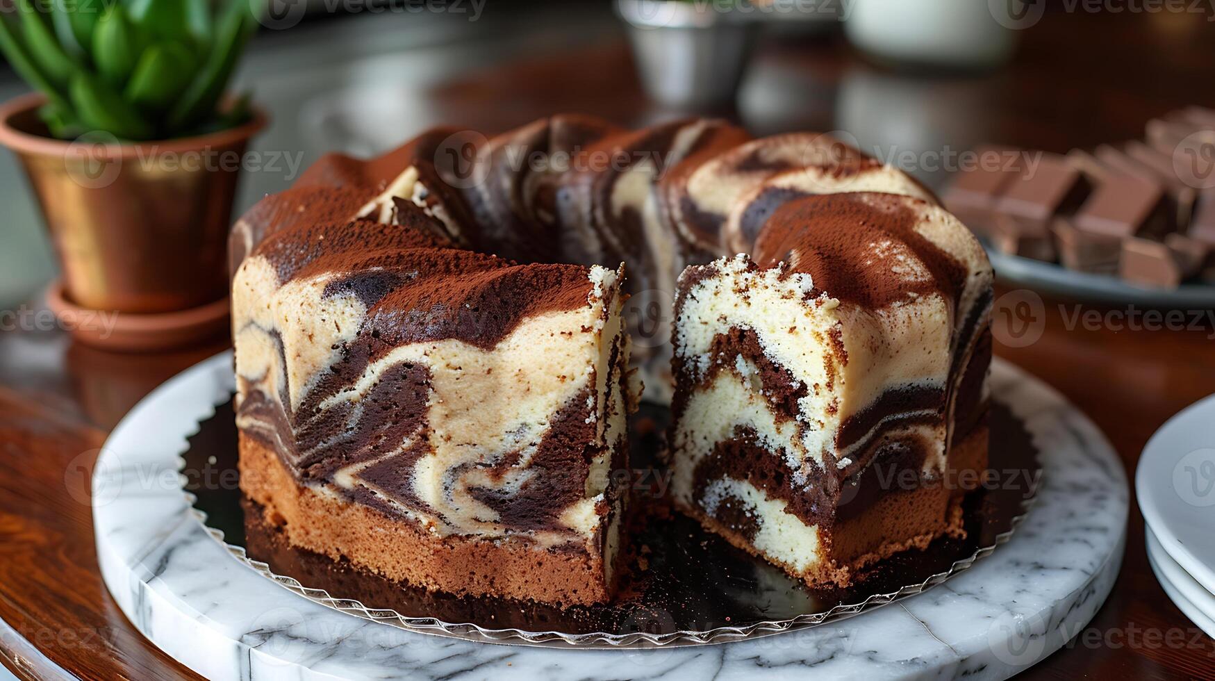 Classic marble cake with swirls of chocolate and vanilla cut out on an isolated simple minimalist background photo