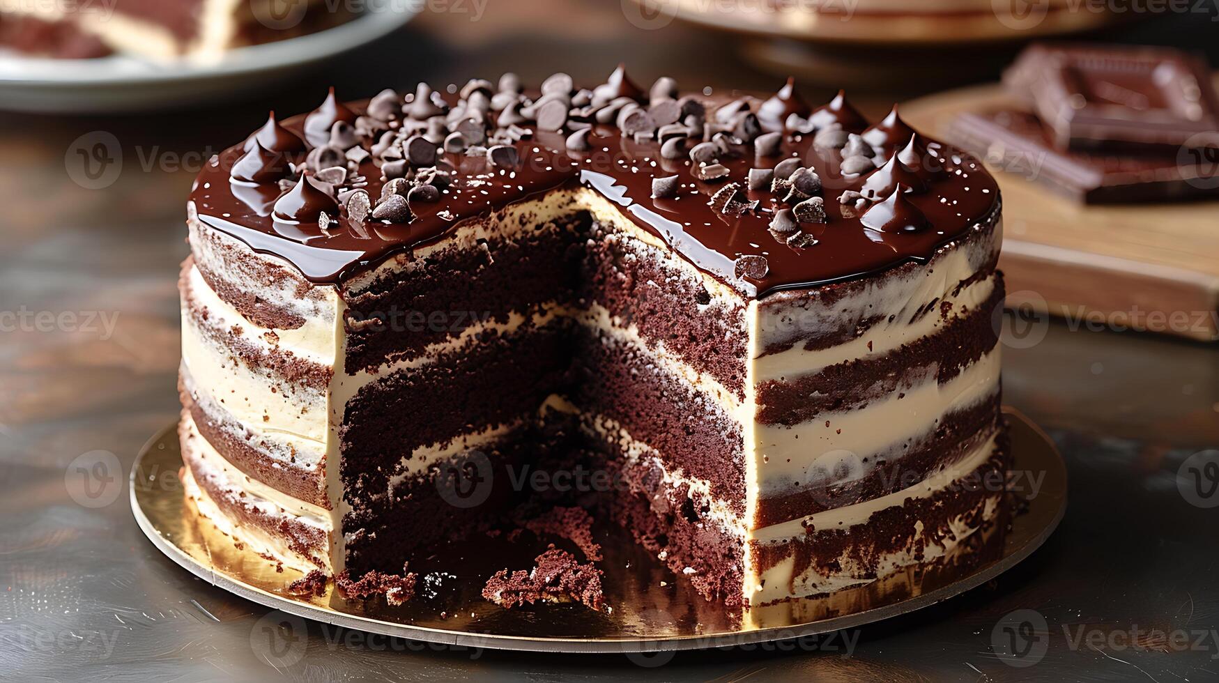 Classic chocolate cake cut out on an isolated simple minimalist background photo
