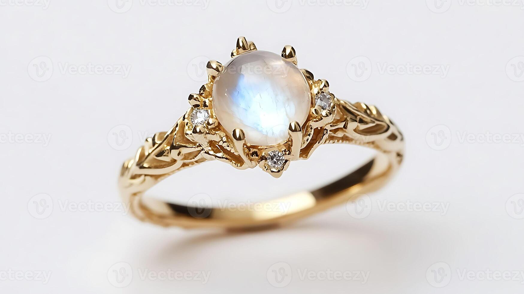 Charming moonstone and zircon ring with a translucent moonstone and a brilliant zircon in an intricate gold band photo