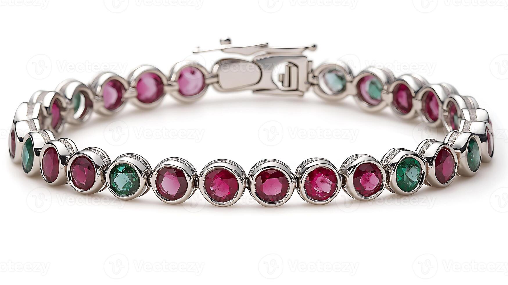 Luxurious ruby and emerald bracelet featuring alternating red and green gemstones in a sleek design photo