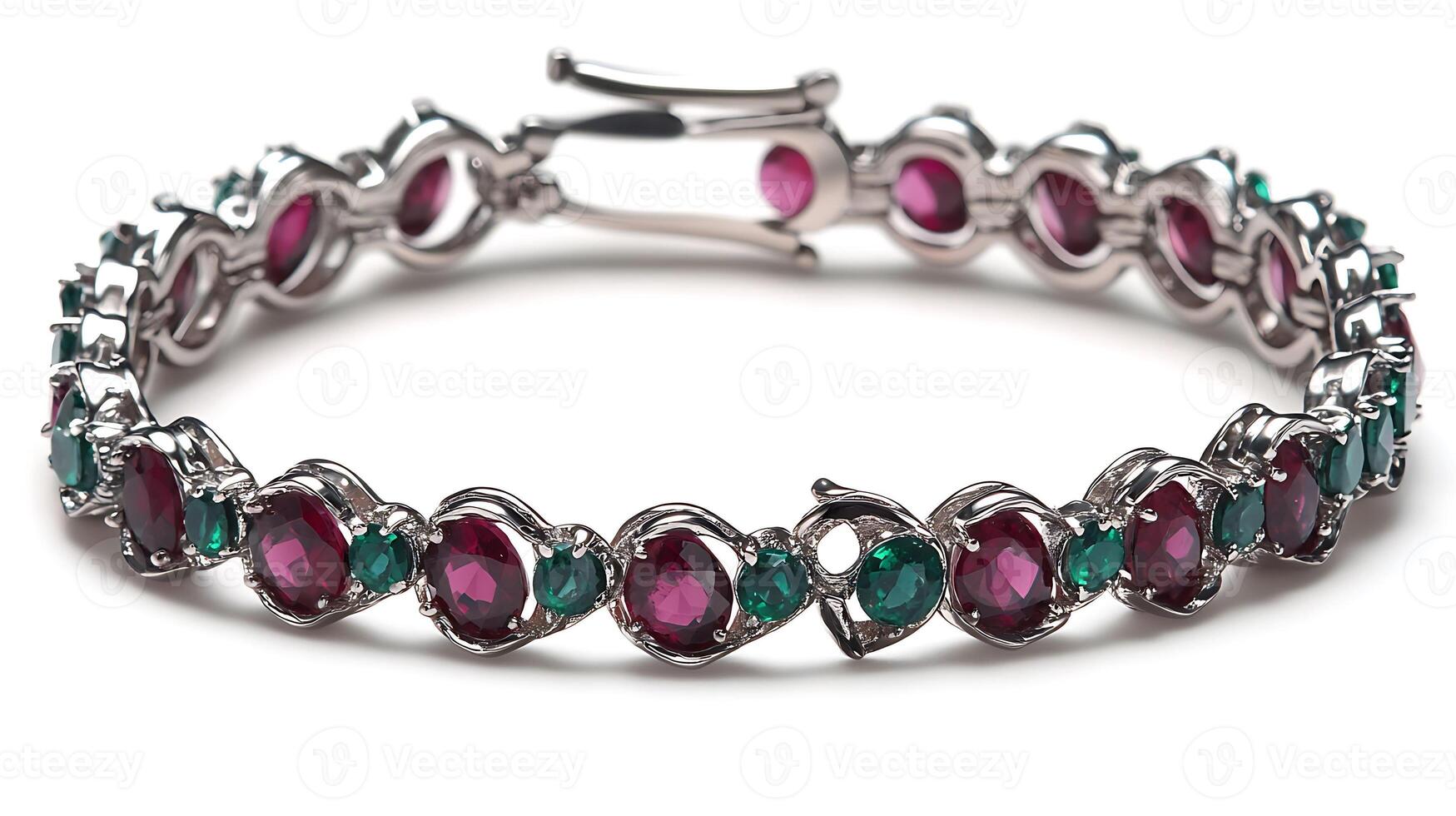 Luxurious ruby and emerald bracelet featuring alternating red and green gemstones in a sleek design photo