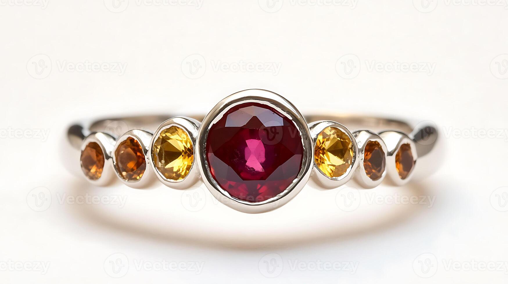 Radiant ruby and citrine ring with vibrant red ruby and golden yellow citrine in an elegant silver band photo